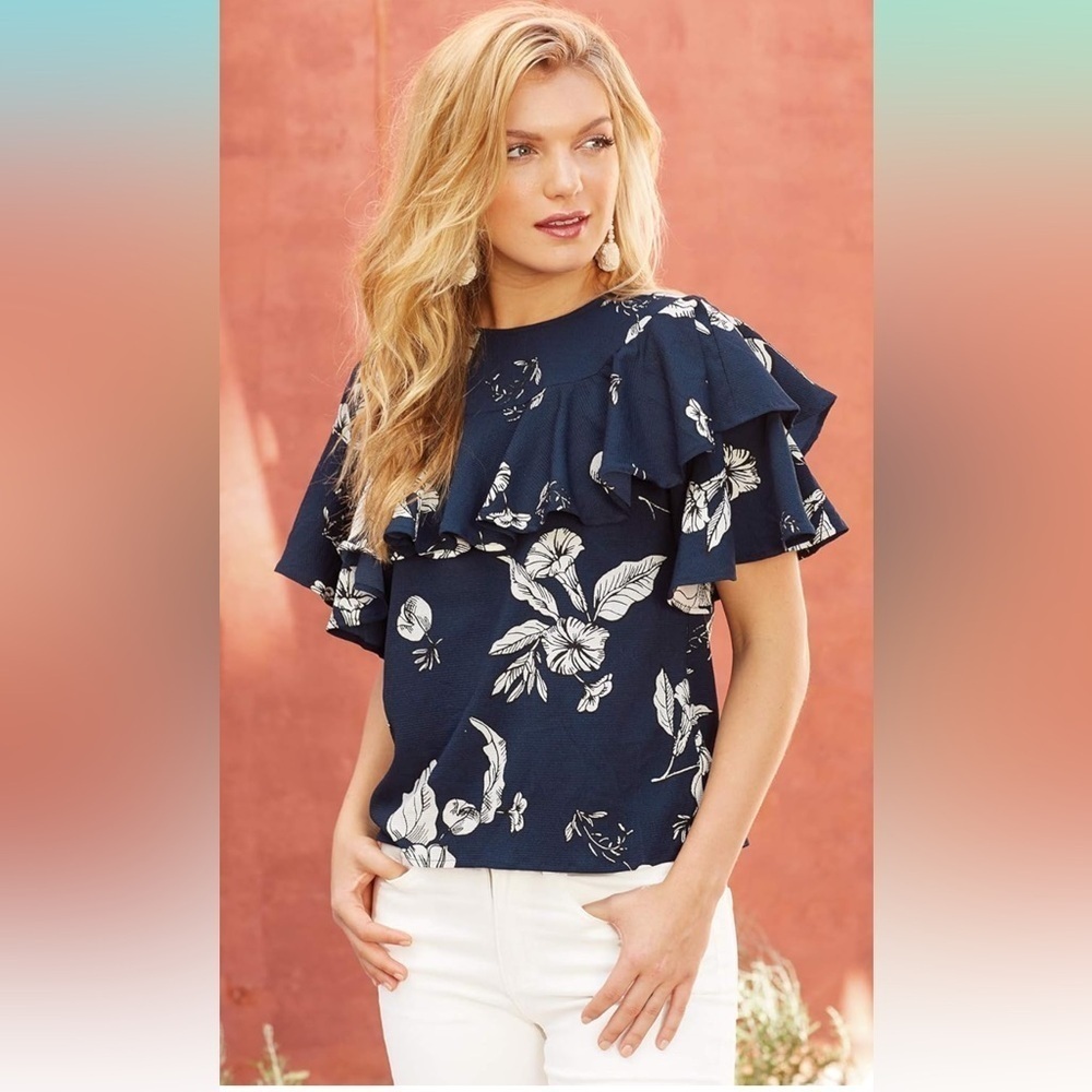 Mud Pie Floral Ruffle London Blouse. Flounce Top Women’s Sz- S Nautical Hawaiian
